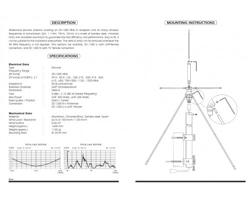 Sirio SD-1300/N антена стаціонарна (базова) 25-1300 МГц (сканер) Sirio SD-1300/N антена стаціонарна (базова) 25-1300 МГц (сканер)